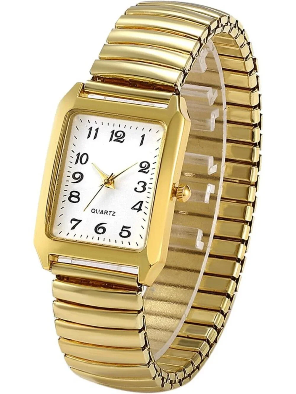 Women's Gold Analog Quartz Big Dial Easy Reader Stretch Band Square Wrist Watch